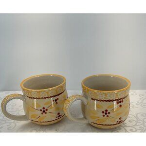 Temptations Old World 12 Oz‎ Mug Set/2 Yellow Floral Design Durable Ceramic